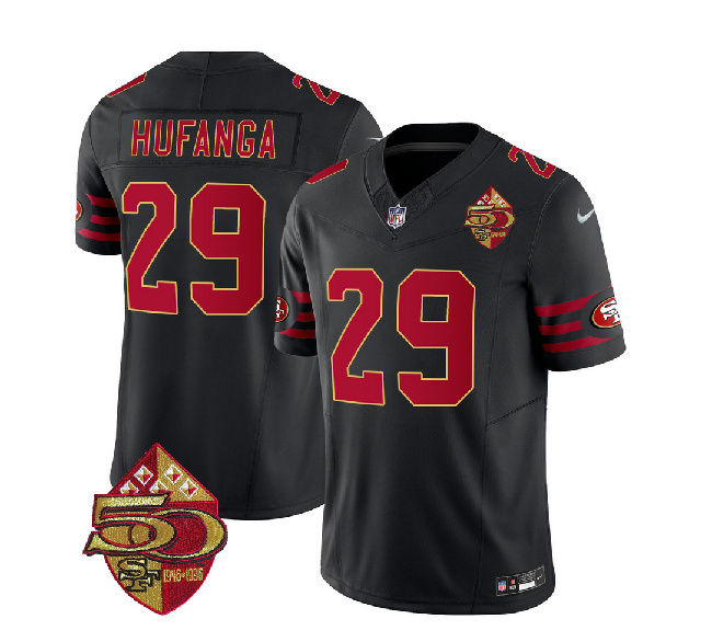 Men's San Francisco 49ers #29 Talanoa Hufanga Black 2023 F.U.S.E. 50th Patch Throwback Football Stitched Jersey - Click Image to Close